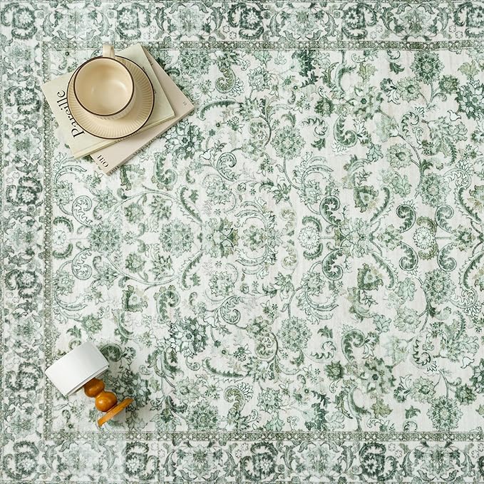 HUGEAR 2x3 Entryway Area Rug Green Small Rug Machine Washable Door Mat Neutral Vintage Floral Low Pile Carpet Distressed Throw Rug Entrance Kitchen Bathroom Bedroom Office Non Slip Soft Lightweight