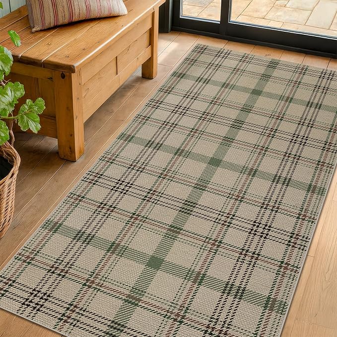 3x6 Washable Kitchen Rug Non Slip Washable - Large Entryway Rug, Non Slip Farmhouse Decor for Bedroom Bedside, Laundry Room, Easy Jute Beige & Sage Holiday