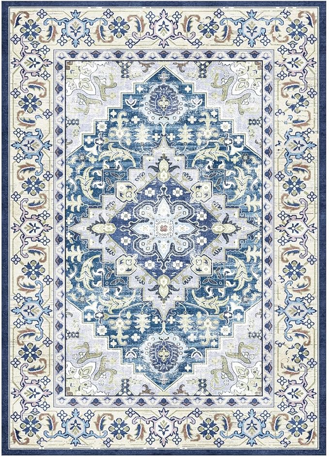 Lessymo 8 x 10 Area Rugs for Living Room, Machine Washable Area Rugs Boho Faux Wool Low Pile Area Rug for Bedroom, Floral Medallion Vintage Rugs with Non-Slip Rubber, Kid & Pet Friendly,Dark Blue