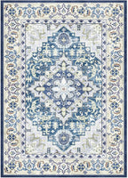 Lessymo 5x7 Area Rug for Living Room - Machine Washable Area Rugs, Super Soft Faux-Wool Area Rugs for Bedroom Kitchen, Boho Rug Vintage Floral Non-Slip Low Pile, Dark Blue
