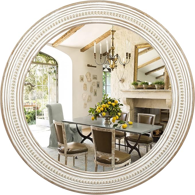 24 inches Wood Round Decorative Mirrors for Wall Decor, Rustic Circle Mirror for Bedroom, Bathroom, Living Room, Entryway Boho Mirror for Home and Office