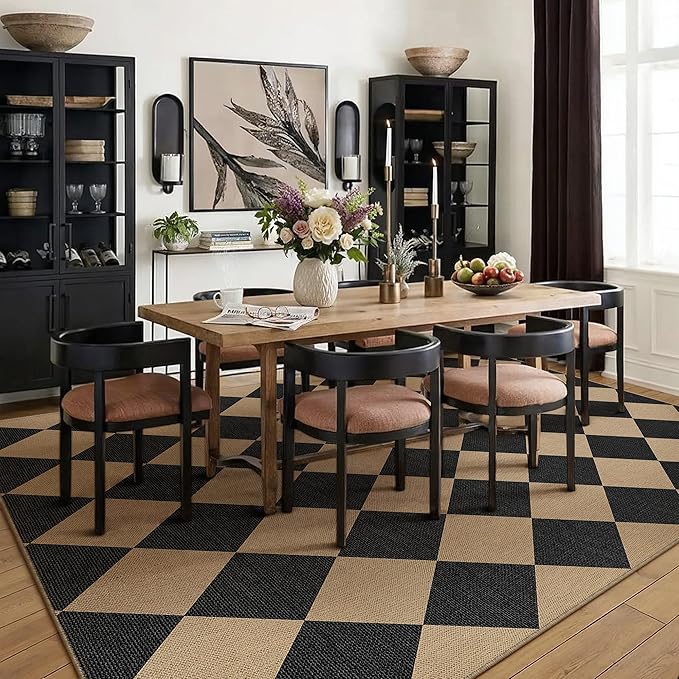 8x10 Checkered Easy Jute Area Rug for Living Room Large Checkerboard Washable Indoor Outdoor Carpet Farmhouse Patio Office Mat Geometric Non Slip Black Carpet for Backyard Dining Room