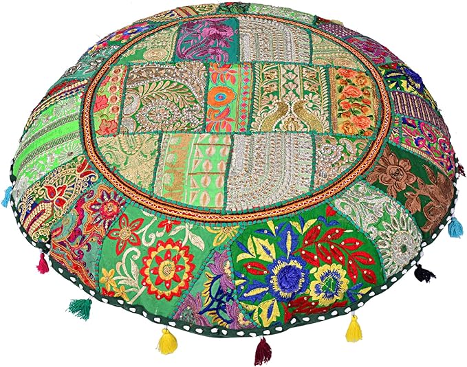 Rajasthani Handmade Colorful Decorative Floor Pillow Cover Meditation Patchwork Patchwork Cushion Seating Accent Boho Chic Indian Handmade Cover ONLY (Green, 32X32 Inches)
