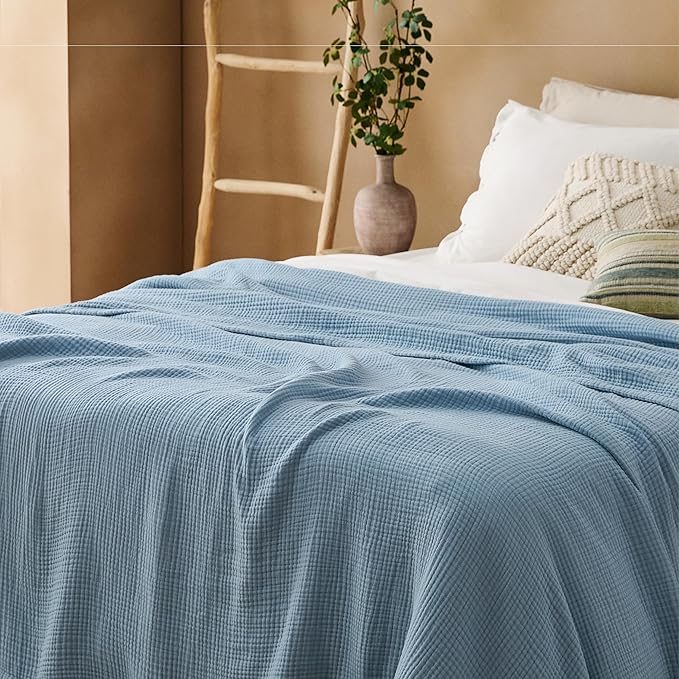 Bedsure 100% Cotton Muslin Blanket King Size for Bed - 4-Layer Breathable and Lightweight Thin Soft Summer Gauze Muslin Blanket for Adults, Blue, 108x90 Inches