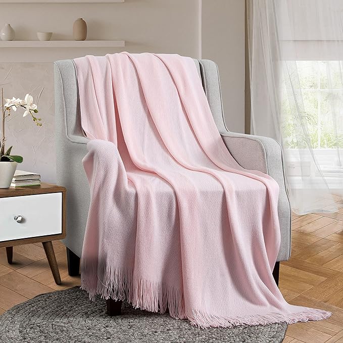 Vonty Pink Knitted Blanket with Tassels Fringe 50" x 60", Super Soft Knit Throw Blanket, Farmhouse Decorative Lightweight Blanket for Couch, Sofa, Bed