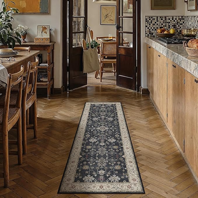 Black 2x6 Runner Rug Washable Hallway Vintage Carpet Small Indoor Kitchen Non Slip Low Pile Thin Soft Stain Resistant Accent Throw Rug for Laundry Bathroom Bedroom Living Room