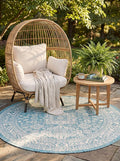 Rugs.com Outdoor Aztec Collection Rug – 8 Ft Round Aqua Flatweave Rug Perfect for Kitchens, Dining Rooms