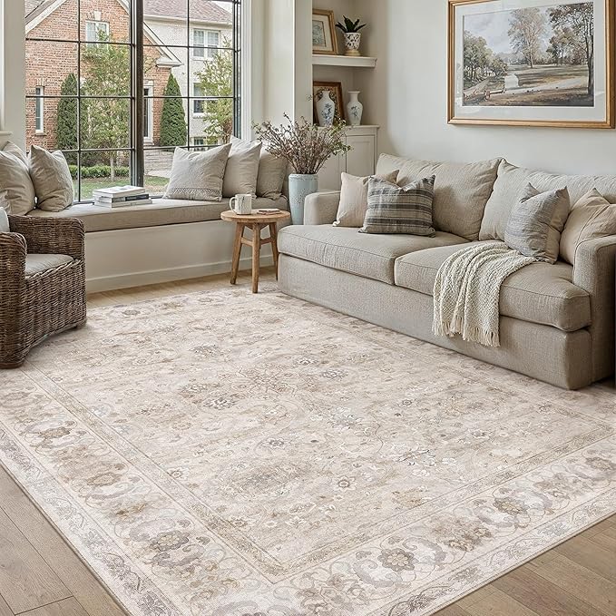 5x7 Area Rug Beige Washable Vintage Living Room Carpet Bedroom Indoor Non Slip Soft Low Pile Thin Stain Resistant Distressed Accent Throw Rug for Dining Office Nursery