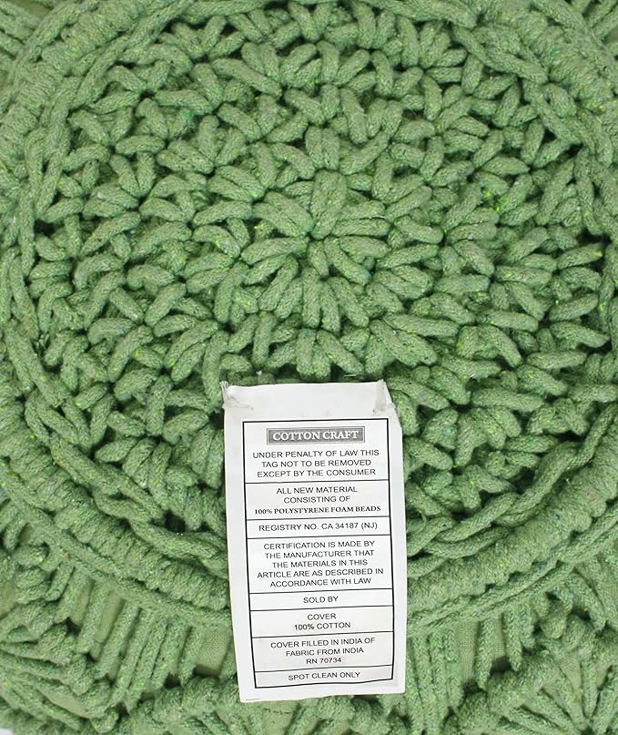 COTTON CRAFT Macrame Braided Pouf - Knitted Cotton Cord Comfortable Round Dori Pouf - Prefilled Ottoman Footrest Bean Bag - Stuffed Boho Moroccan Accent Seating - Nursery Bedroom Dorm - 20x14 - Green