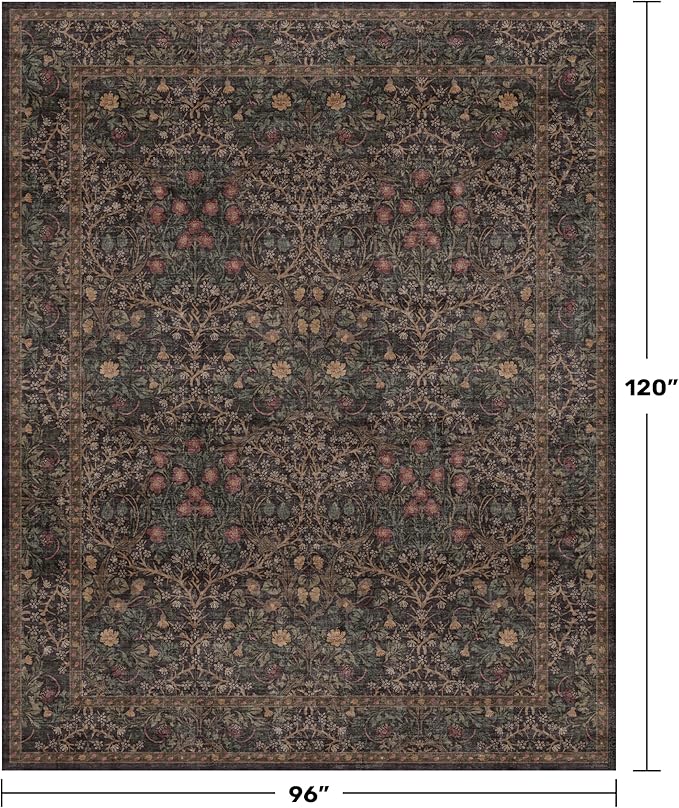 Vintage Dark Brown Washable Living Room Rug 8x10, Non-Slip Large Area Rugs for Dining Room Under Table, Bedroom, Black Brown Deep Olive Taupe Espresso Accent Floral Carpet, Low Pile Stain Resistant