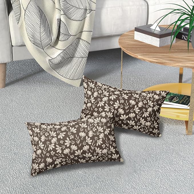 Dark Brown Pillow Covers 12x20 Set of 2 Vintage Floral Rustic Old Style Cute Flower Print Rectangle Decorative Outdoor Pillowcases Seasonal Farmhouse Throw Cushion Case Couch Sofa Bed Decor