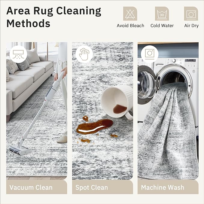 9x9 Grey Round Rug 9ft Living Room Circle Rug Vintage Round Area Rug Non Slip Indoor Carpet for Apartment