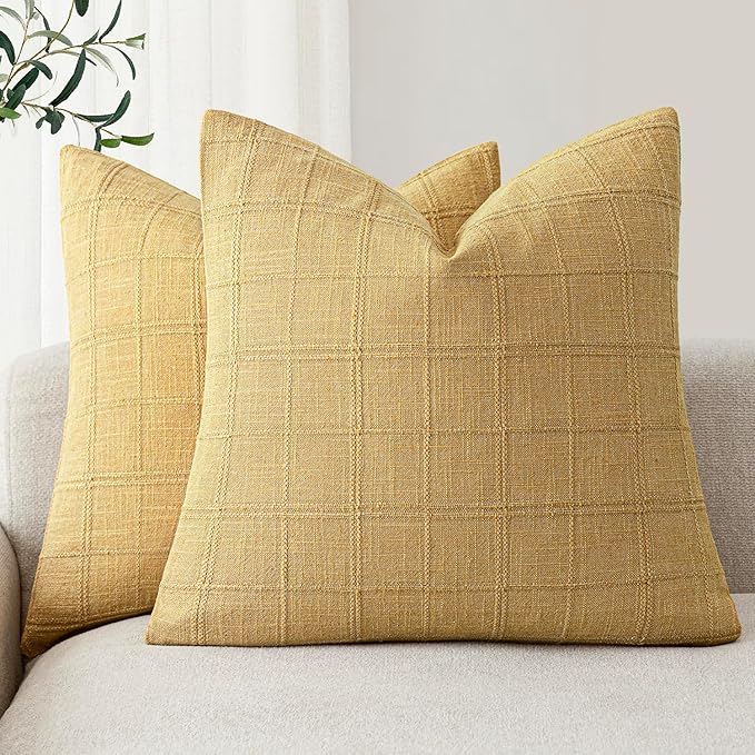Foindtower Set of 2 Decorative Linen Check Throw Pillow Covers Neutral Farmhouse Vintage Cushion Covers Modern Boho Accent Home Decor for Sofa Chair Couch Bedroom Living Room,22×22 Inch,Amber Gold