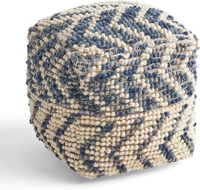 GDFStudio Boho Wool and Cotton LargePouf Ottoman Foot Stool - Bean Bag Floor Chair - Foot Rest Couch for Living Room Bedroom, White and Blue