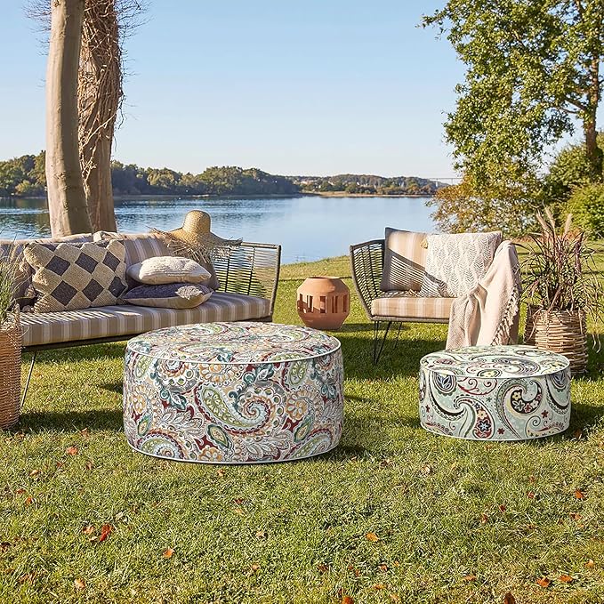 TWELAR Indoor/Outdoor Inflatable Ottoman, Water Repellent Round Foot Rest Ottomans D31 x H14 inch, Portable Footstool for Patio Garden Camping or Home, Paisley Chilli