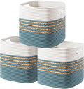 UBBCARE Set of 3 Storage Cubes 11 X 10.5 X 10.5 in, Water Hyacinth Storage Bins for Shelves, Toys, Book, Storage Baskets with Handles, Cotton Rope Woven Baskets for Organizing, Light Blue