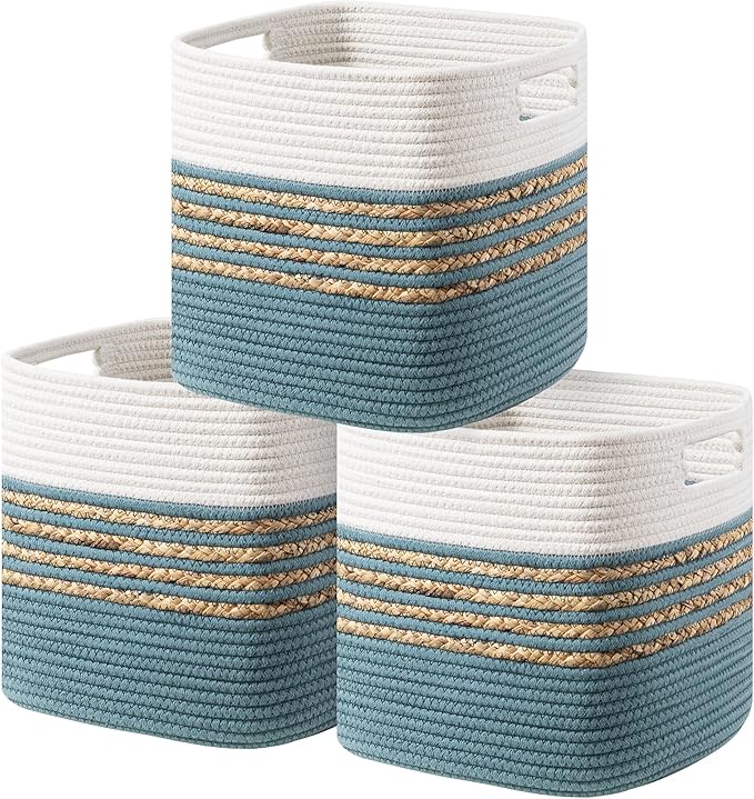 UBBCARE Set of 3 Storage Cubes 11 X 10.5 X 10.5 in, Water Hyacinth Storage Bins for Shelves, Toys, Book, Storage Baskets with Handles, Cotton Rope Woven Baskets for Organizing, Light Blue