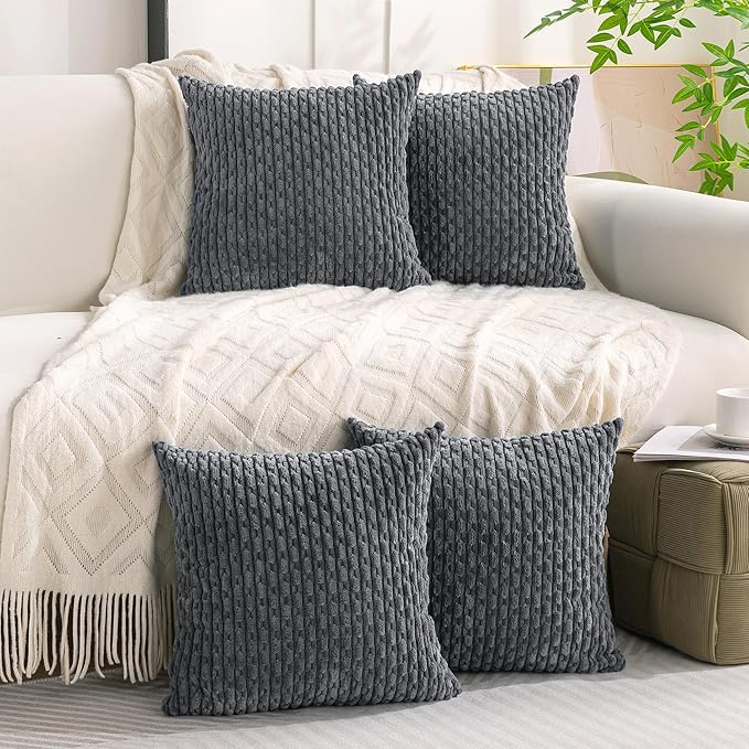 Set of 4 Medium Grey Decorative Throw Pillow Covers 22x22 Inch Corduroy Pillow Covers for Bed Couch Sofa Living Room Soft Square Cushion Cases