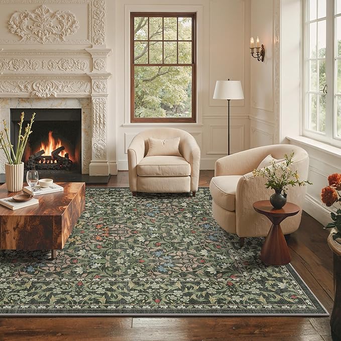 GENIMO Washable 4x6 Area Rug, Vintage Boho Floral Carpet, Soft Low-Pile Non-Slip Thin Rug for Living Room, Bedroom, Dining Room, Nursery, Emerald Green