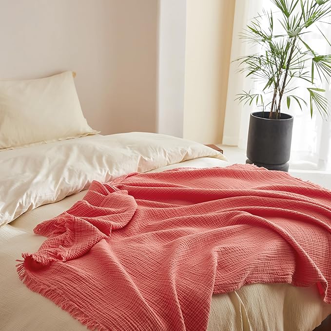 Simple&Opulence Cotton Muslin Throw Blanket 4 Layers for Bed, Couch, Woven Gauze Blanket with Tassels, Soft Lightweight Cozy Pre-Washed Breathable Farmhouse Decoration for All-Season(Coral)