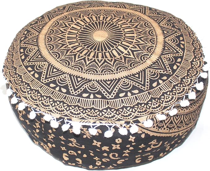 INDIAN CRAFT CASTLE ICC Mandala Barmeri Large Floor Pillow Cover Cushion Meditation Seating Ottoman Throw Cover Hippie Decorative Zipped Bohemian Pouf Ottoman Cases Black Gold, 24" Round