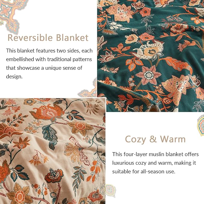 Boho Throw Blanket for Couch Sofa Bed, 100% Cotton Woven Quilt with Tassel 90”x98”, Super Soft Muslin Blanket with Floral Printed, Decorative Reversible Bed Blanket/Cover for All Seasons