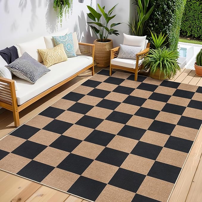 GarveeHome Checkered Easy Jute Area Rug 10x13 Machine Washable Non-Slip Stain Resistant Indoor Outdoor Rugs for Living Room, Bedroom, Kitchen, Dining, Patio Farmhouse Style Black Tan