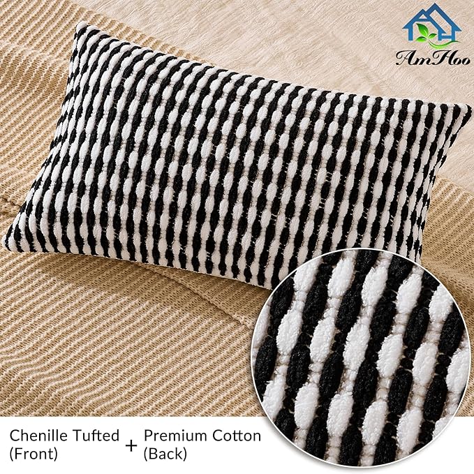 AmHoo Boho Chenille Pillow Cover Decorative Tufted Pillowcase for Couch Bed Sofa Bedroom Living Room Modern 12 x 20-Inch Black