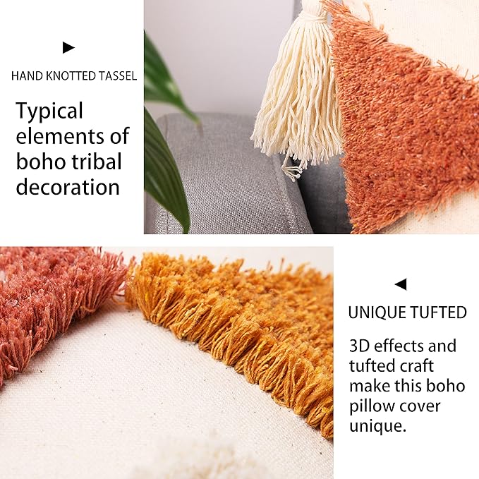 Merrycolor Boho Throw Pillow Covers 20x20 with Tassels, Decorative Pillow Covers Woven Tufted Bohemian Pillow Covers for Couch Sofa Bedroom Living Room