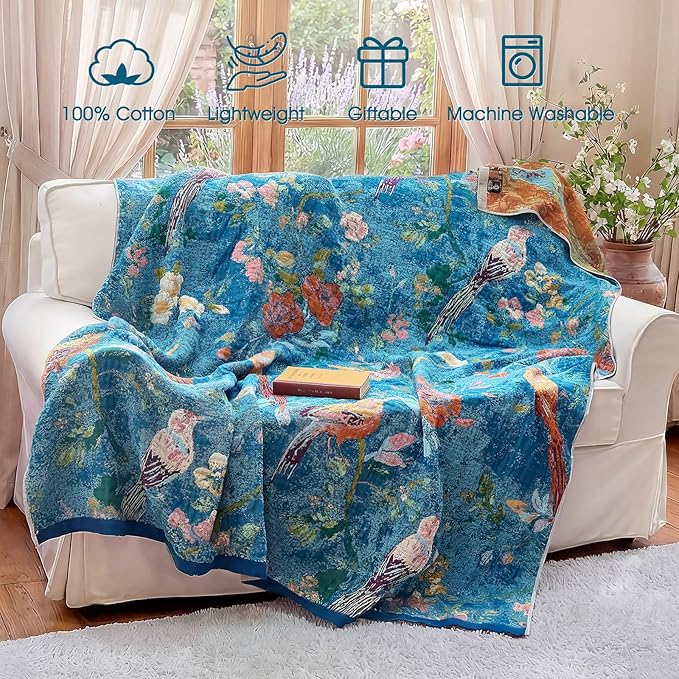 Boho Throw Blanket - 100% Cotton Ultra Soft Muslin Blanket, 60"x80" Lightweight Floral Bird Printed Framhouse Bedding Spring Blanket for Bed, All Season Blue Bohemian Bedroom Home Decor Quilt