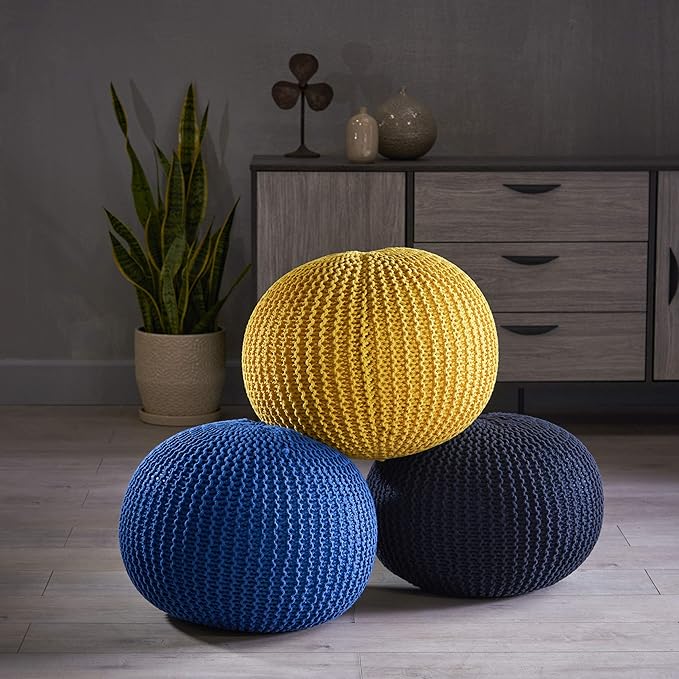 Christopher Knight Home Belle Knitted Cotton Pouf, Navy