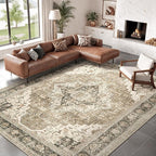 Washable Rugs 9x12, Large Area Rugs 9x12 Living Room with Non-Slip Backing, Super-Soft Floral Vintage Rug, Low Pile Area Rug for Bedroom, Dining Room, Office (Brown/Beige, 9'x12')