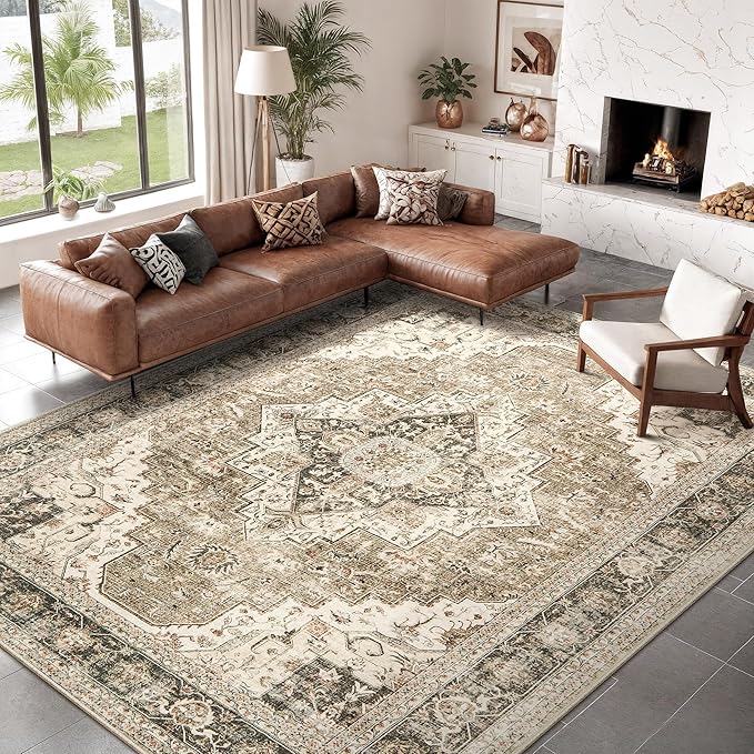 Washable Rugs 9x12, Large Area Rugs 9x12 Living Room with Non-Slip Backing, Super-Soft Floral Vintage Rug, Low Pile Area Rug for Bedroom, Dining Room, Office (Brown/Beige, 9'x12')