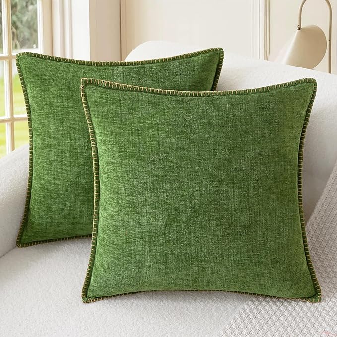 CaliTime Throw Pillow Covers Decorative 20 X 20 Inches Pack of 2 Cotton Thread Stitching Edges Solid Dyed Soft Chenille Cushion Cases for Couch Sofa Bed Living Room Farmhouse Forest Green