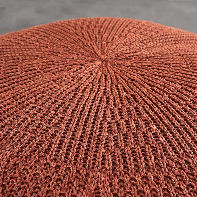 ARTPLAN Outdoor Round Pouf Ottoman Hand Knitted 100% Olifen Pouf Foot Stool, Foot Rest for Couch, Home Decor Pouffe Stuffed Pouf Floor Chair for Living Room, Bedroom,Lounge and Restroom,Brick Red