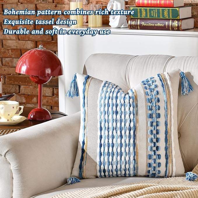 AmHoo Set of 2 Chenille Striped Textured Boho Throw Pillow Covers Aesthetic with Tassels Woven Decorative Pillow Case for Couch Bed Sofa Bedroom Modern Funky 18 x 18-Inch Sky Blue