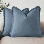 Foindtower Set of 2 Decorative Linen Fringe Throw Pillow Covers Cozy Boho Farmhouse Cushion Cover with Tassels Soft Accent Pillowcase for Couch Sofa Bed Living Room Home Decor, 20×20 Inch, Misty Blue