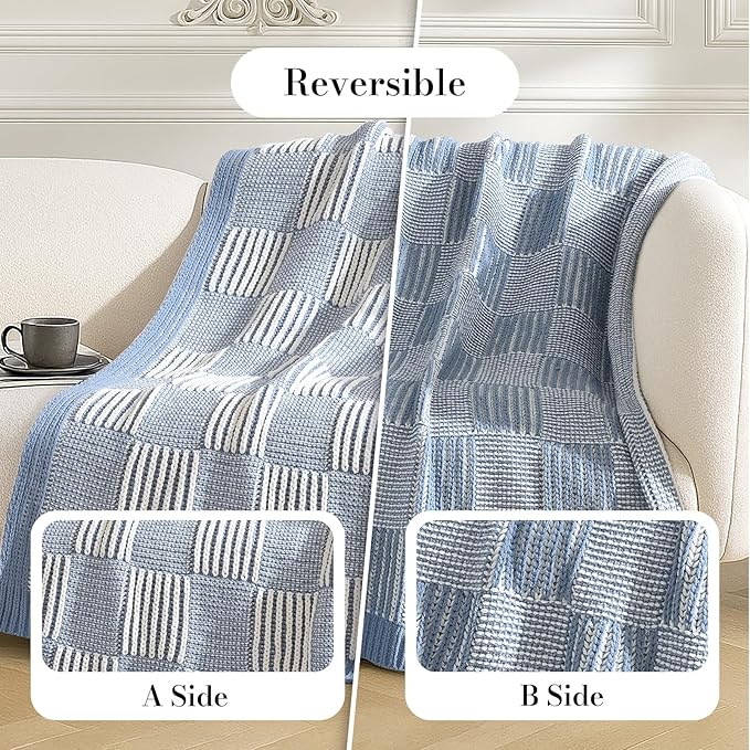 Amélie Home Checkered Knit Throw Blanket for Couch, Chenille Texture Decorative Soft Blanket for Sofa & Chair, 60"x80", Blue & Ivory