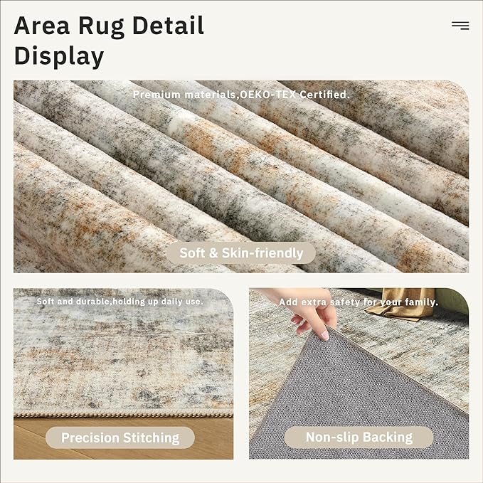 6x9 Abstract Area Rugs for Living Room 6 x 9 Washable Non Slip Low Pile Rugs for Bedroom Dining Room Foldable Thin Brown Grey