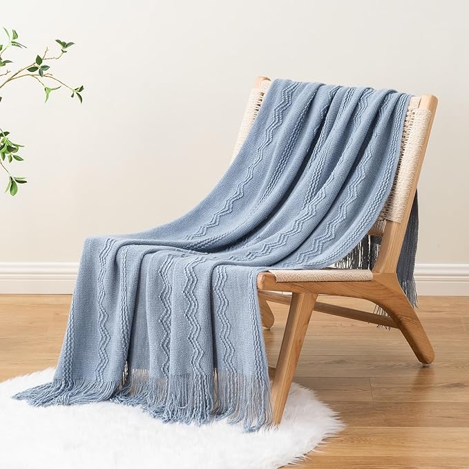BATTILO HOME Bluish Grey Throw Blanket for Couch, Soft Knit Throws with Tassels for Home Decor, Blue Blankets and Throws for Bed Sofa, 50"x60"