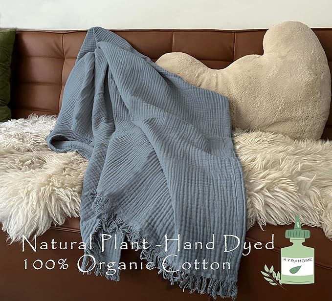 KyraHome Muslin Blankets for Adults, Kid,100% Organic Cotton Blanket Plant Dyed, Breathable Lightweight Gauze Throw Blanket for Couch, All Season (Slate Blue)