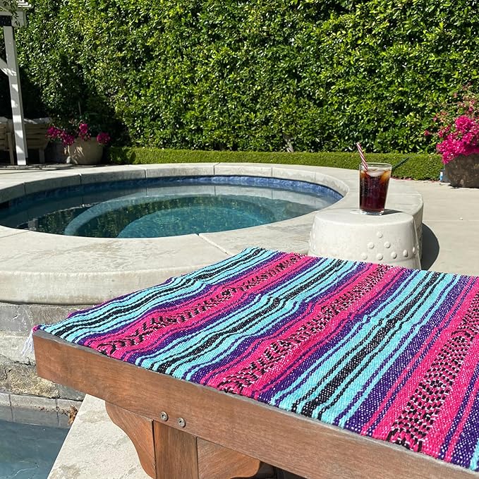 Del Mex Classic Mexican Blanket, Large Authentic Woven Falsa Throw (70"x50"), Artisan Southwest Décor for Beach, Yoga, Outdoors (Pink/Purple/Mint)