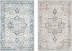 GENIMO 6x9 Reversible Area Rugs for Living Room, Machine Washable Rug with Pad, Non Slip Vintage Rug, Low Pile Lightweight Chenille Print Carpet for Bedroom Dining Room Home Office, Taupe & Blue
