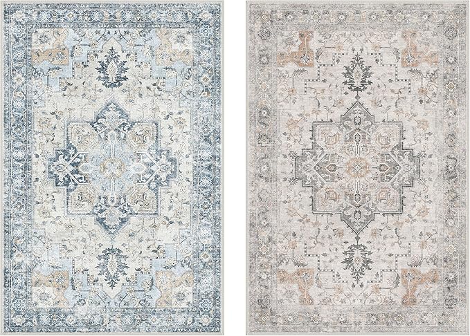 GENIMO 6x9 Reversible Area Rugs for Living Room, Machine Washable Rug with Pad, Non Slip Vintage Rug, Low Pile Lightweight Chenille Print Carpet for Bedroom Dining Room Home Office, Taupe & Blue