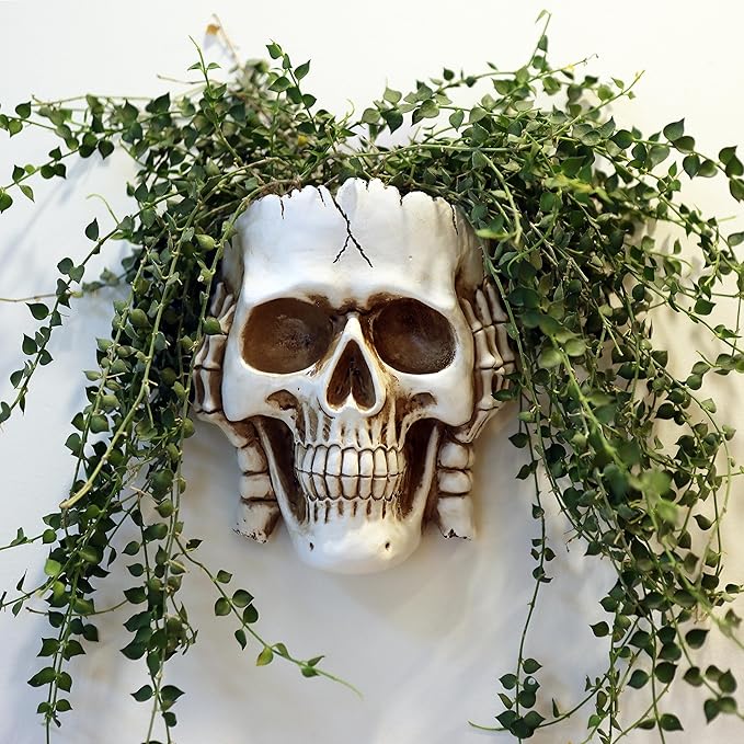 Skull Wall Planter for Home Décor, Hanging Skull Vase Unique Face Flower Pot Head Planters, White Resin Skeleton Gothic Planter for Indoor Outdoor Plants Decorations