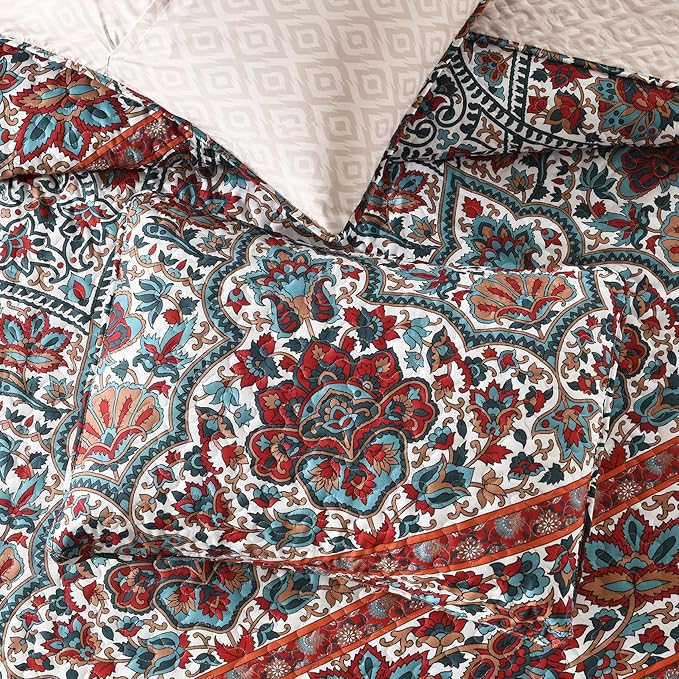 Horimote Home Boho Quilt King Size, Reversible Bohemian Style Twill Strip Floral Quilt Beddding Set, Colorful and Soft Bedspread Oversized King Quilt Coverlet for All Season, 2 Pillow Shams (3 Pieces)