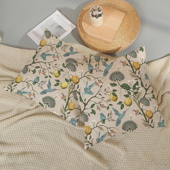 Chinoiserie Pillow Covers 18x18 Set of 2 Blue Green Bird Floral Throw Pillows Vintage Yellow Lemon Flowers Decorations Pillowcase Outdoor Chinoiserie Decor Linen Cushion Case for Couch Home