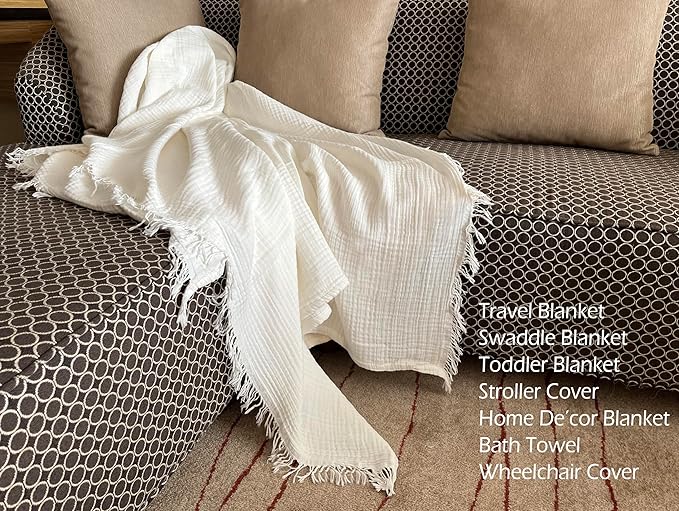KyraHome 100% Cotton Blanket 60"x80" Large Muslin Throw Blankets for Adults, Couch, Picnic, Travel, Plant Dyed Pre-Washed Breathable Lightweight Soft Gauze Blanket, All Season, White
