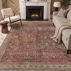 GENIMO 9x12 Area Rugs for Living Room, Machine Washable Non Slip Vintage Rugs, Low Pile Lightweight Chenille Print Rug for Bedroom, Dining Room, Home Office, Mocha Brick