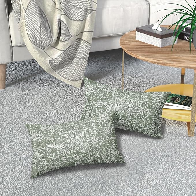 Sage Green Boho Lumbar Pillow Covers 12x20 Inch Bohemian Carpet Pattern Ethnic Pillow Cases for Couch Farmhouse Vintage Geographic Rug Rectangle Pillow Cases for Bed Patio Covers Outdoor Indoor Set 2